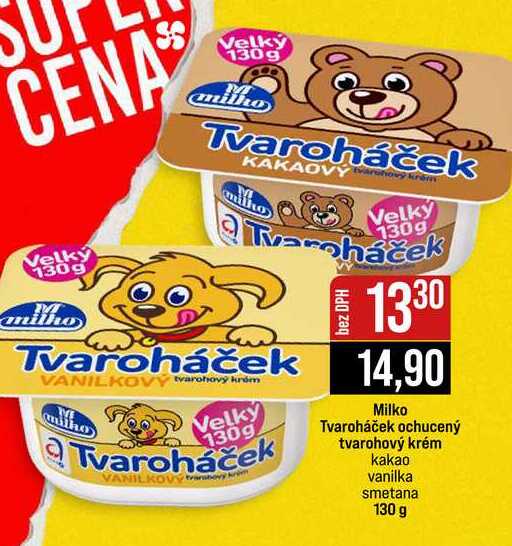 Milko Tvaroháček ochucený tvarohový krém kakao vanilka smetana 130 g 