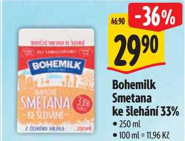 Bohemilk Smetana ke šlehání 33%, 250 ml  v akci