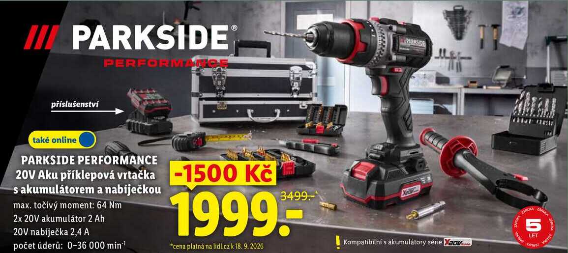 PARKSIDE PERFORMANCE 20V Aku příklepová vrtačka s akumulátorem a nabíječkou