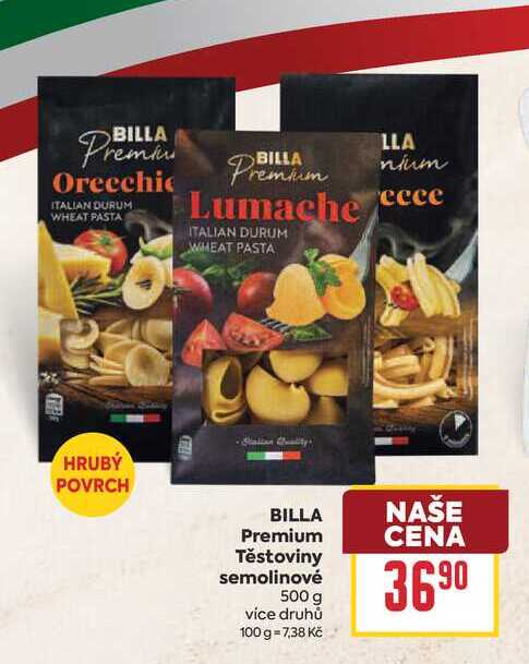 BILLA Premium Těstoviny semolinové 500 g