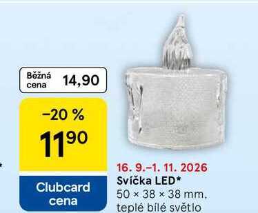 Svíčka LED, 50 x 38 x 38 mm, teplé bílé světlo