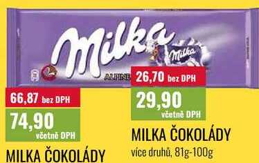 MILKA ČOKOLÁDY, více druhů, 81g-100g