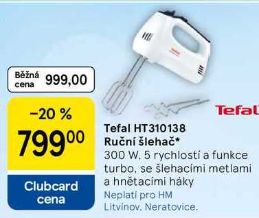 Tefal HT310138 Ruční šlehač, 300 W. 5 rychlostí a funkce turbo, se šlehacími metlami a hnětacími háky 
