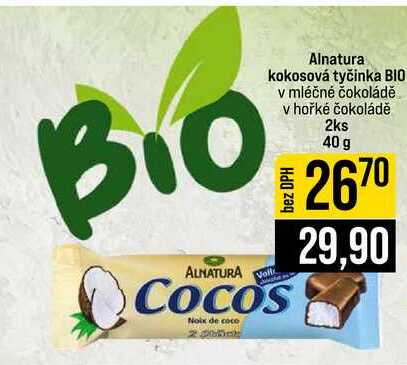 Alnatura kokosová tyčinka BIO v mléčné čokoládě v hořké čokoládě 2ks 40 g 