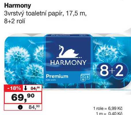 Harmony 3vrstvý toaletní papír, 17,5 m, 8+2 rolí