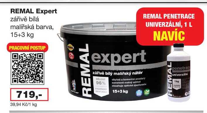 REMAL Expert zářivě bílá malířská barva, 15+3 kg
