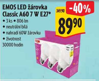 EMOS LED žárovka Classic A60 7 W E27*, 3 ks