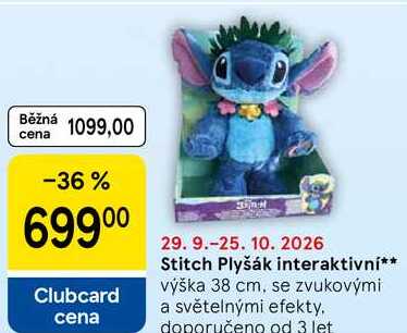 Stitch Plyšák interaktivní, výška 38 cm, se zvukovými a světelnými efekty