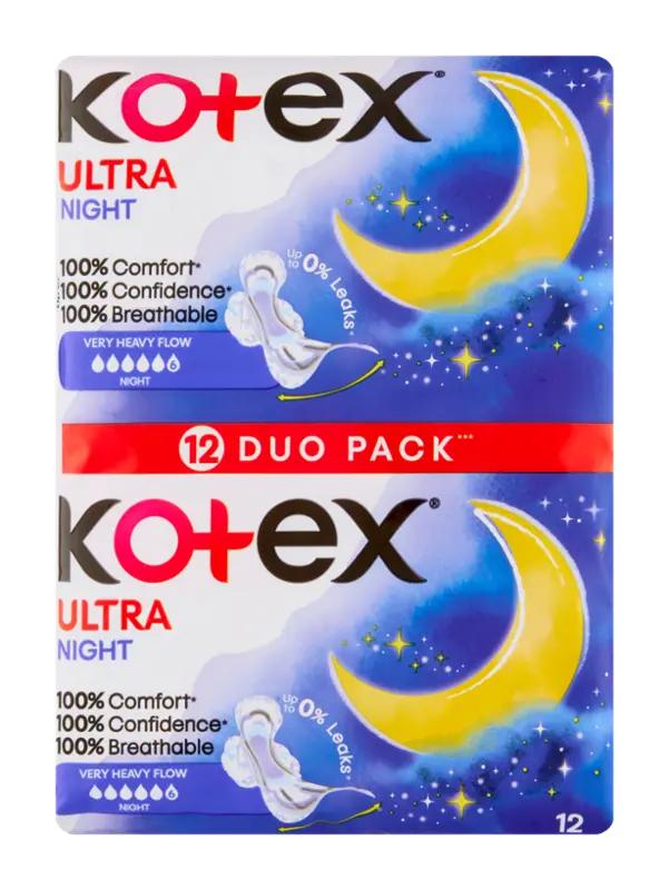 kotex Hygienické vložky Ultra Night s křidélky Duopack, 12 ks