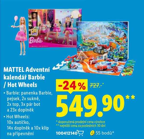 MATTEL Adventní kalendář Barbie/Hot Wheels