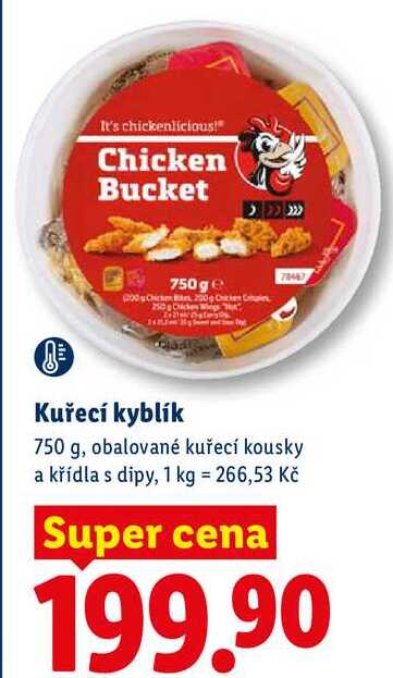 Kuřecí kyblík, 750 g, obalované kuřecí kousky a křídla s dipy