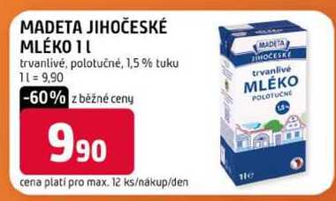 MADETA JIHOČESKÉ MLÉKO 1l trvanlivé, polotučné, 1,5% tuku 