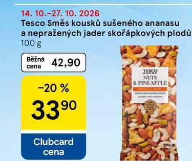 Tesco Směs kousků sušeného ananasu a nepražených jader skořápkových plodů, 100 g