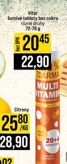 Vitar šumivé tablety bez cukru různé druhy 72-76 g