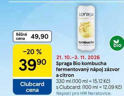 Spraga Bio kombucha fermentovaný nápoj zázvor a citron, 330 ml