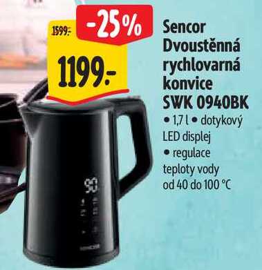 Sencor Dvoustěnná rychlovarná konvice SWK 0940BK