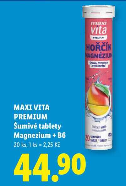 MAXI VITA PREMIUM Šumivé tablety Magnezium + B6, 20 ks