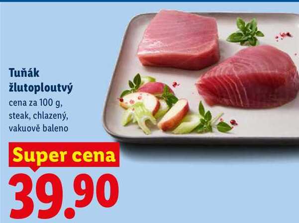 Tuňák žlutoploutvý, cena za 100 g