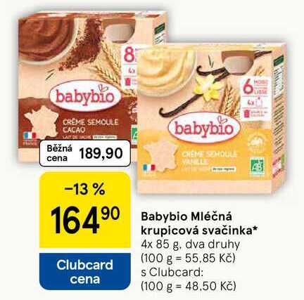 Babybio Mléčná krupicová svačinka, 4x 85 g, dva druhy