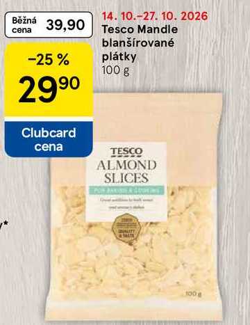 Tesco Mandle blanšírované plátky, 100 g 