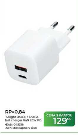 RP=0,84 Solight USB-C USB-A fast charger GaN 20W