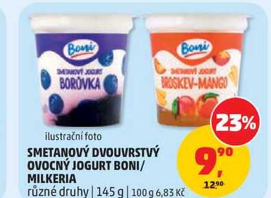 SMETANOVÝ DVOUVRSTVÝ OVOCNÝ JOGURT BONI/ MILKERIA různé druhy, 145 g 