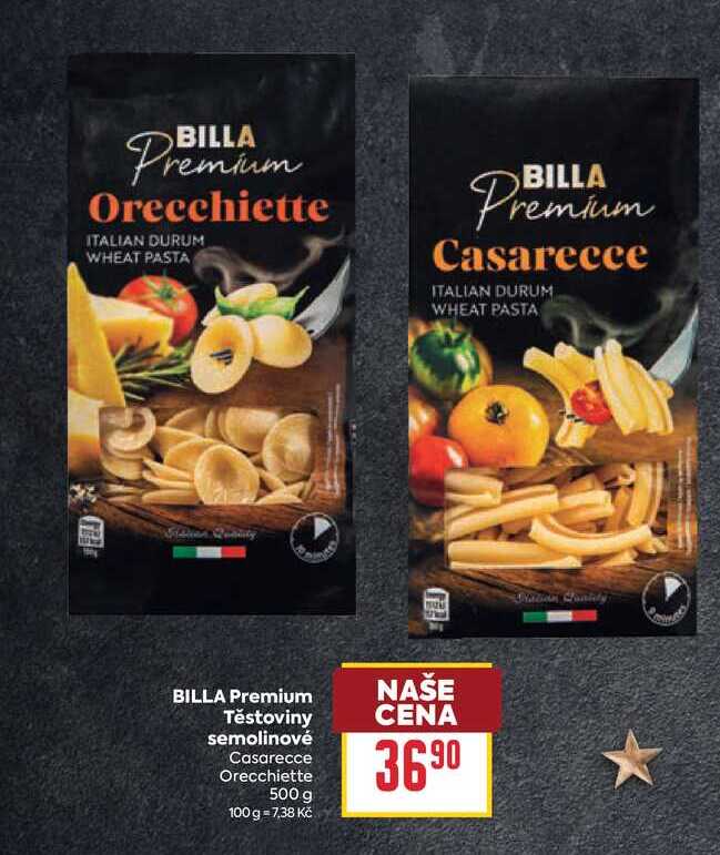 BILLA Premium Těstoviny semolinové Casarecce Orecchiette 500 g