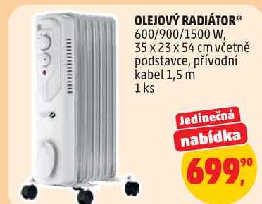 OLEJOVÝ RADIÁTOR 600/900/1500 W, 35 x 23 x 54 cm včetně podstavce, přívodní kabel 1,5 m, 1 ks