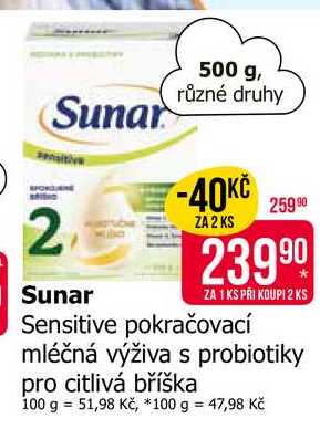 Sunar Sensitive pokračovací mléčná výživa s probiotiky pro citlivá bříška 500 g