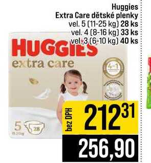 Huggies Extra Care dětské plenky vel. 5 (11-25 kg) 28 ks vel. 4 (8-16 kg) 33 ks vel. 3 (6-10 kg) 40 ks