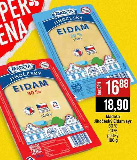 Madeta Jihočeský Eidam sýr 30% 20% plátky 100 g 