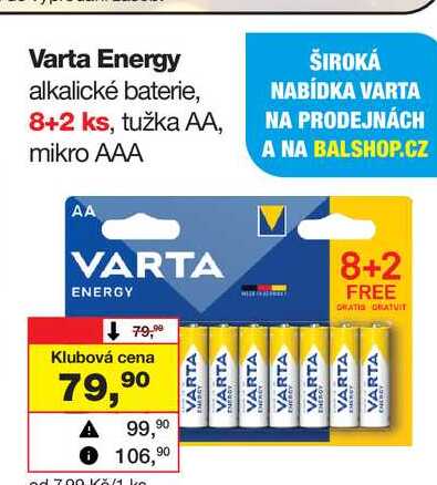 Varta Energy alkalické baterie, 8+2 ks, tužka AA, mikro AAA