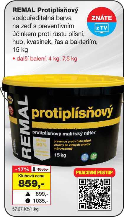 REMAL Protiplísňový vodouředitelná barva na zeď's preventivním účinkem proti růstu plísní, hub, kvasinek, řas a bakteriím, 15 kg