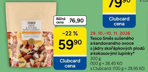 Tesco Směs sušeného a kandovaného ovoce s jádry skořápkových plodů a kokosovými lupínky, 200 g 