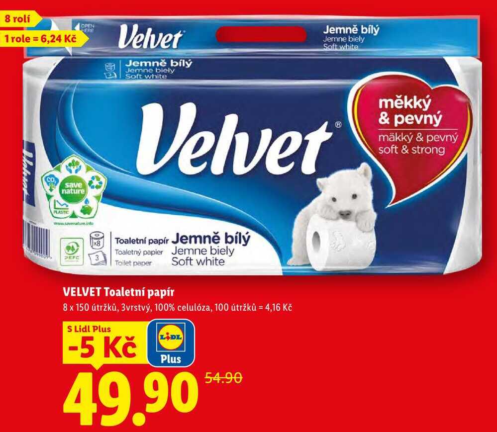 VELVET Toaletní papír, 8 x 150 útržků, 3vrstvý