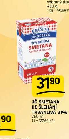 JČ SMETANA KE ŠLEHÁNÍ TRVANLIVÁ 31% 250 ml