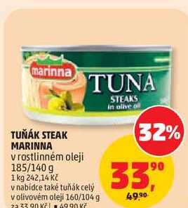 TUŇÁK STEAK MARINNA v rostlinném oleji, 185/140 g  