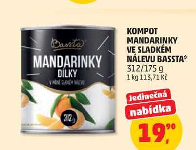 KOMPOT MANDARINKY VE SLADKÉM NÁLEVU BASSTA, 312/175 g 