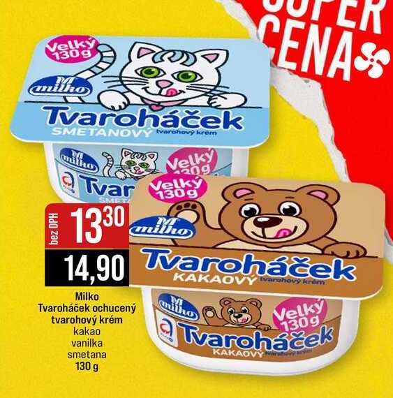 Milko Tvaroháček ochucený tvarohový krém kakao vanilka smetana 130 g 