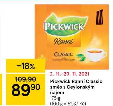 Pickwick Ranní Classic směs s Ceylonským čajem 175 g v akci | AkcniCeny.cz