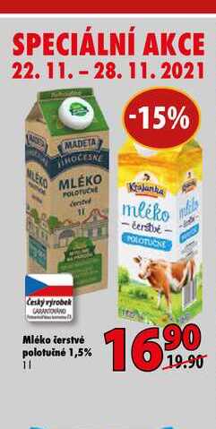 Madeta Mléko čerstvé polotučné 1,5% 1l