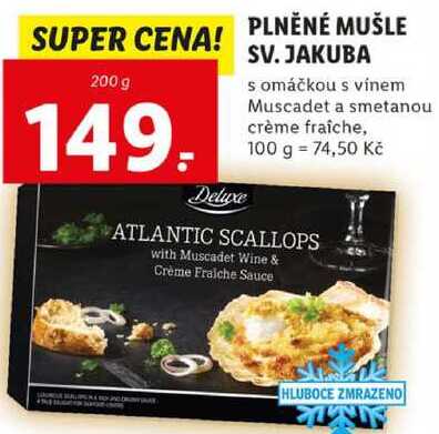 PLNĚNÉ MUŠLE SV. JAKUBA s omáčkou s vínem Muscadet a smetanou crème fraiche, 200 g