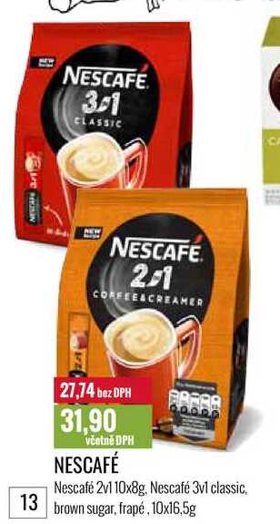 Nescafé 211 10x8g, Nescafé 3v1 classic brown sugar, frapé 10x16.5g 13 