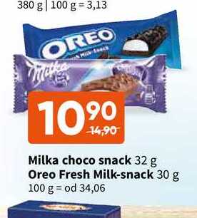   Milka choco snack 32 g, Oreo Fresh Milk-snack 30 g  