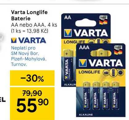 Varta Longlife Baterie AA nebo AAA, 4 ks 