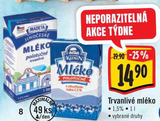   Trvanlivé mléko 1,5% 1 l