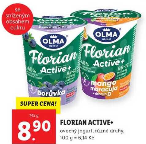 FLORIAN ACTIVE+ ovocný jogurt, různé druhy, 145 g