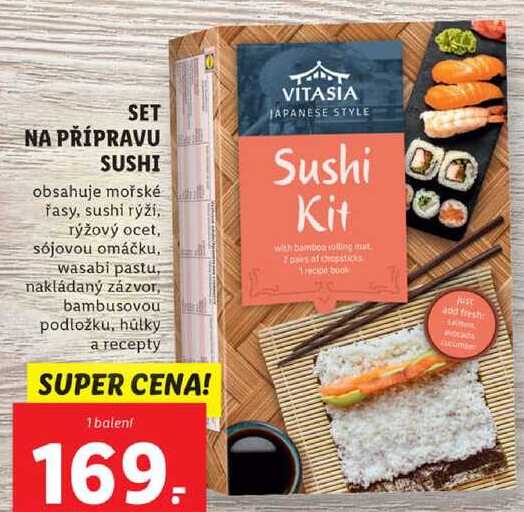 SET NA PŘÍPRAVU SUSHI obsahuje mořské řasy, sushi rýží, rýžový ocet, sójovou omáčku, wasabi pastu, nakládaný zázvor, bambusovou podložku, hulky a recepty