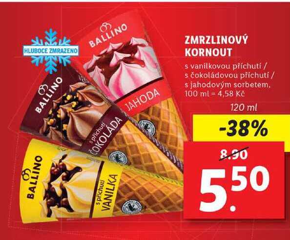 ZMRZLINOVÝ KORNOUT s vanilkovou příchutí / s čokoládovou příchutí / s jahodovým sorbetem, 120 g