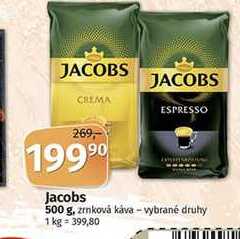Jacobs 500 g, zrnková káva vybrané druhy v akci